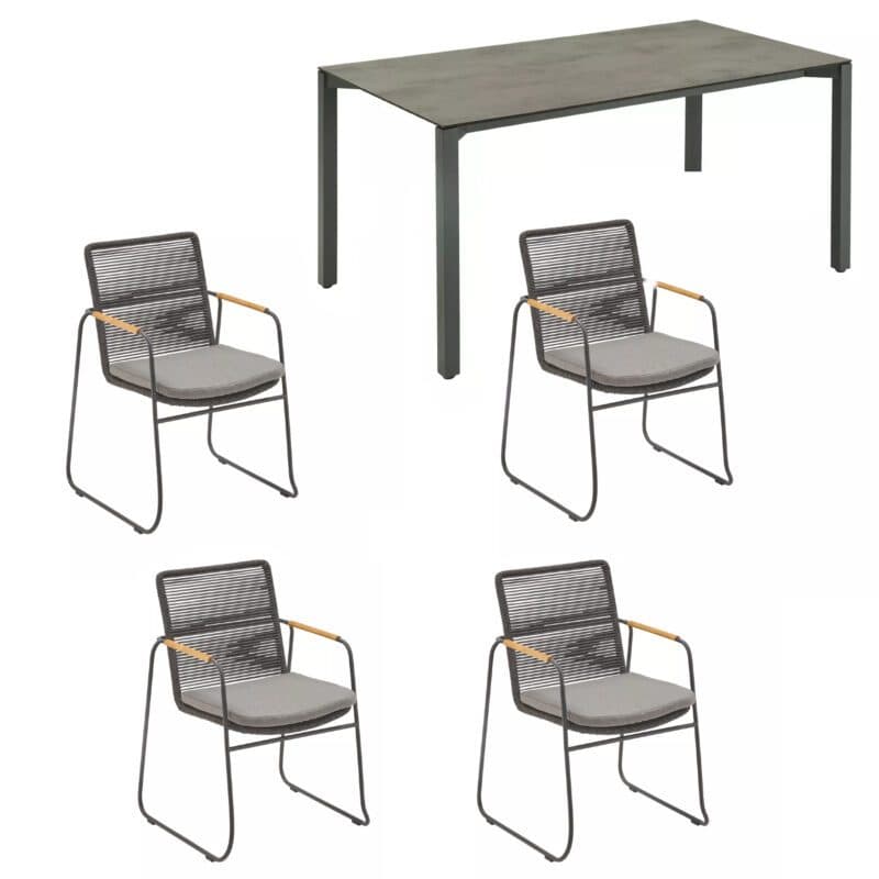 CASA DOMA Set mit "Solano" Stapelstuhl, Edelstahl anthrazit, Rope anthrazit, Armlehnen Teak, Kissen medium grey und "Campana" Gartentisch 160x90 cm, Platte HPL anthrazit