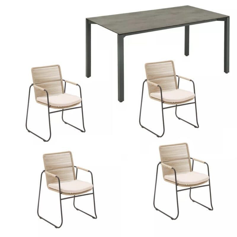 CASA DOMA Set mit "Solano" Stapelstuhl, Edelstahl anthrazit, Rope fossil, Armlehnen Rope, Kissen beige und "Campana" Gartentisch 160x90 cm, Platte HPL anthrazit