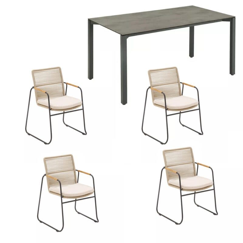 CASA DOMA Set mit "Solano" Stapelstuhl, Edelstahl anthrazit, Rope fossil, Armlehnen Teak, Kissen beige und "Campana" Gartentisch 160x90 cm, Platte HPL anthrazit