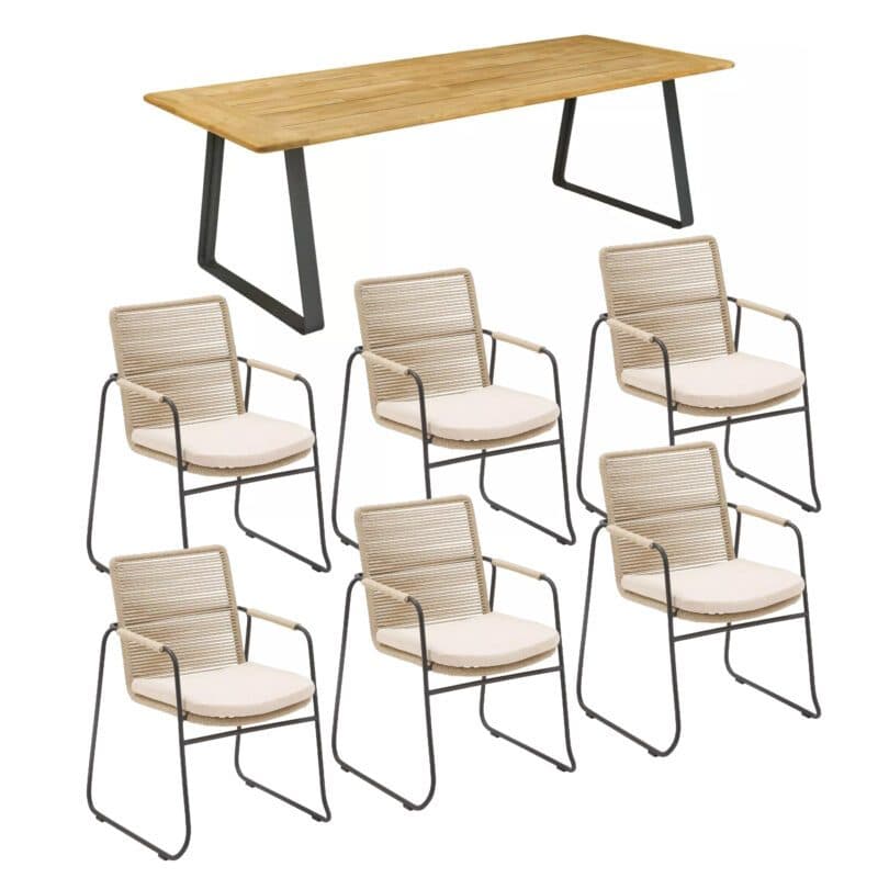 CASA DOMA Set mit "Solano" Stapelstuhl, Edelstahl anthrazit, Rope fossil, Armlehnen Rope, Kissen beige und "Trapani" Gartentisch 240x100 cm, Teakplatte