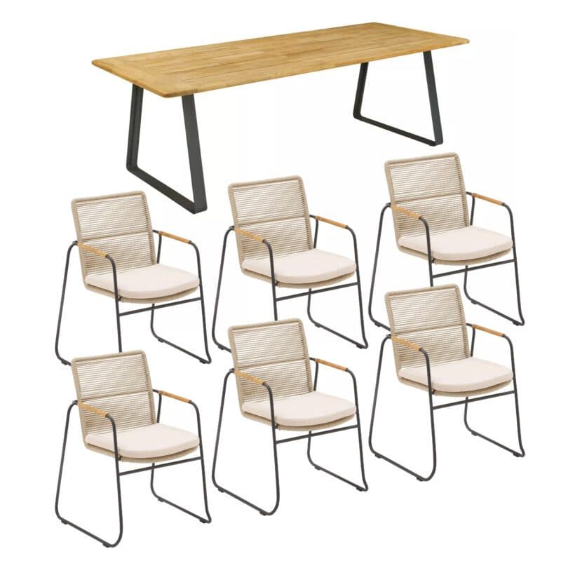 CASA DOMA Set mit "Solano" Stapelstuhl, Edelstahl anthrazit, Rope fossil, Armlehnen Teak, Kissen beige und "Trapani" Gartentisch 240x100 cm, Teakplatte