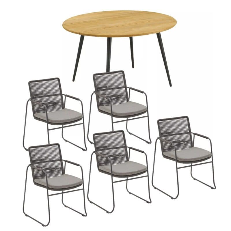 CASA DOMA Set mit "Solano" Stapelstuhl, Edelstahl anthrazit, Rope anthrazit, Armlehne Rope, Sitzkissen beige und "Napola" Tisch Ø 130 cm, Aluminium anthrazit, Teakplatte