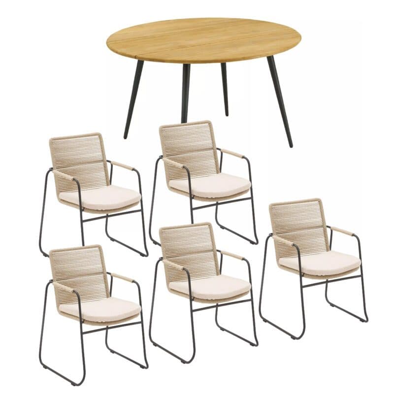 CASA DOMA Set mit "Solano" Stapelstuhl, Edelstahl anthrazit, Rope fossil, Armlehne Rope, Sitzkissen beige und "Napola" Tisch Ø 130 cm, Aluminium anthrazit, Teakplatte