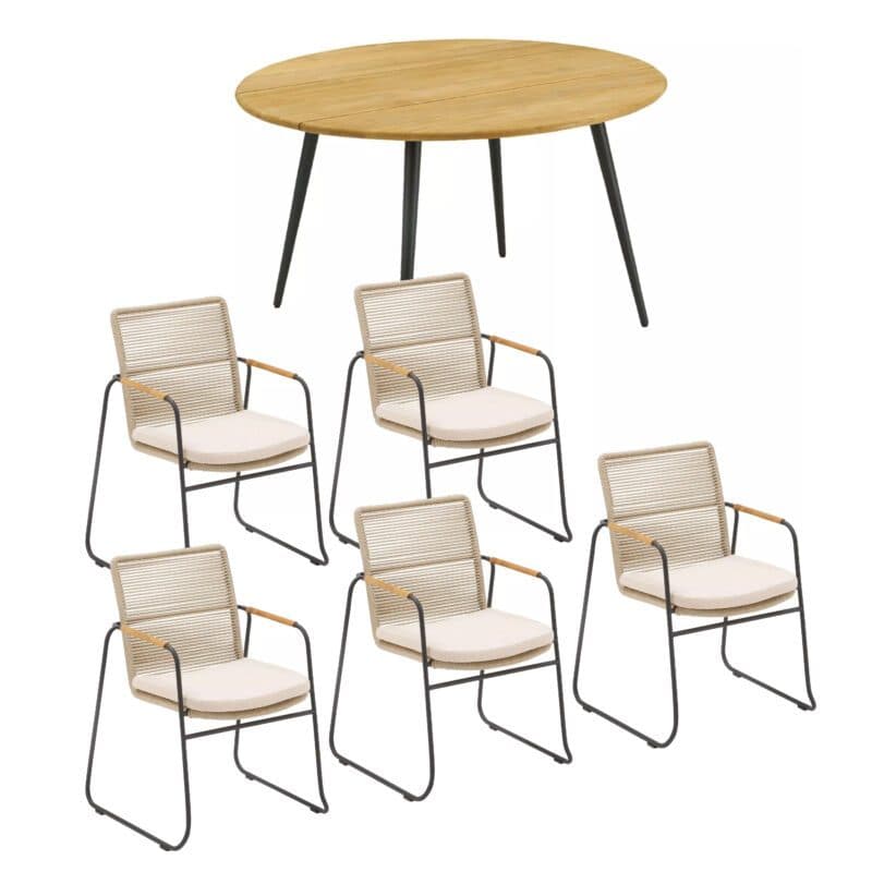 CASA DOMA Set mit "Solano" Stapelstuhl, Edelstahl anthrazit, Rope fossil, Armlehne Teak, Sitzkissen beige und "Napola" Tisch Ø 130 cm, Aluminium anthrazit, Teakplatte