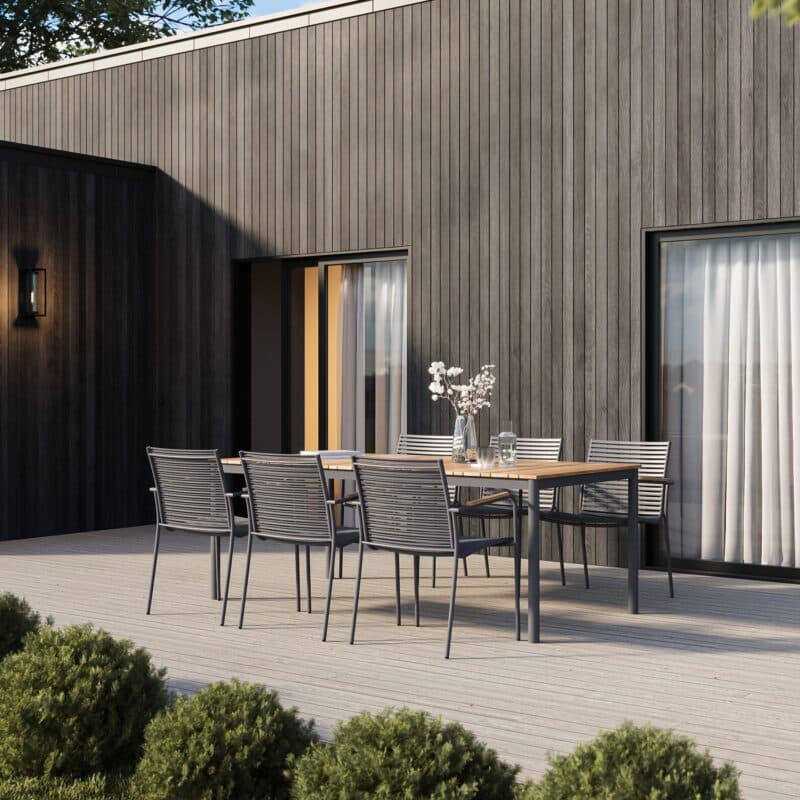 Cinas Gartenmöbel-Set mit Gartenstuhl "Mood Classic" Kunststoff-Lamellen grey, Aluminium-Gestell anthrazit, Teak-Armlehnen und Gartentisch "Mood Classic Midway" mit Teakplanken 204x100 cm