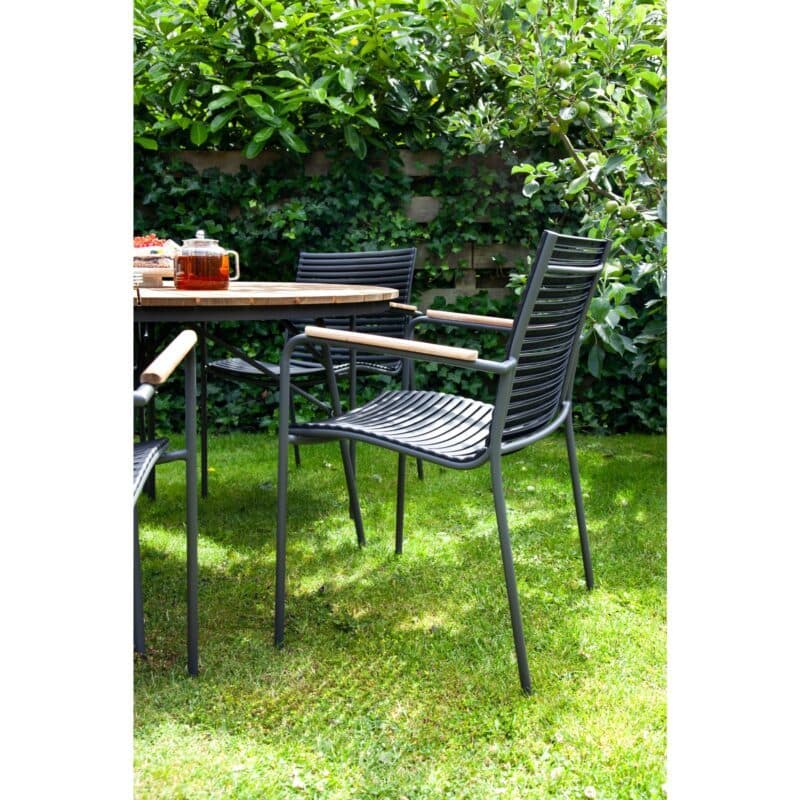 Cinas "Mood Classic" Gartenstuhl, Kunststoff-Lamellen schwarz und "Ellen" Gartentisch Ø 130 cm, Gestell Aluminium anthrazit, Teak
