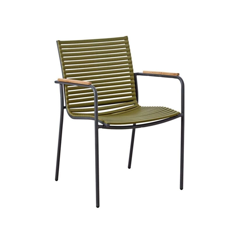 Cinas "Mood Classic" Stapelstuhl, Gestell Aluminium anthrazit, Sitzfläche Kunststoff-Lamellen oliv, Teak-Armlehnen