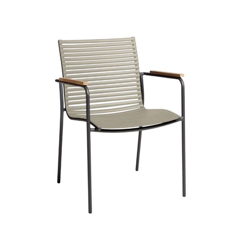 Cinas "Mood Classic" Stapelstuhl, Gestell Aluminium anthrazit, Sitzfläche Kunststoff-Lamellen sandy grey, Teak-Armlehnen