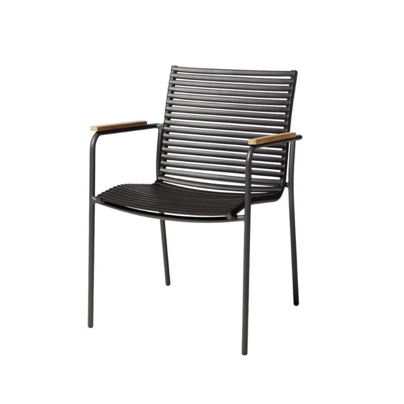 Cinas "Mood Classic" Stapelstuhl, Gestell Aluminium anthrazit, Sitzfläche Kunststoff-Lamellen schwarz, Teak-Armlehnen