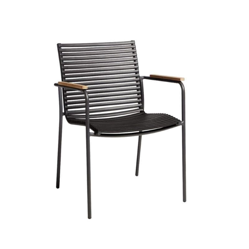 Cinas "Mood Classic" Stapelstuhl, Gestell Aluminium anthrazit, Sitzfläche Kunststoff-Lamellen schwarz, Teak-Armlehnen