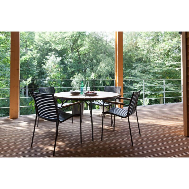 Cinas "Mood Classic" Gartenstuhl, Kunststoff-Lamellen schwarz und "Ellen" Gartentisch Ø 130 cm, Gestell Aluminium anthrazit, Teak
