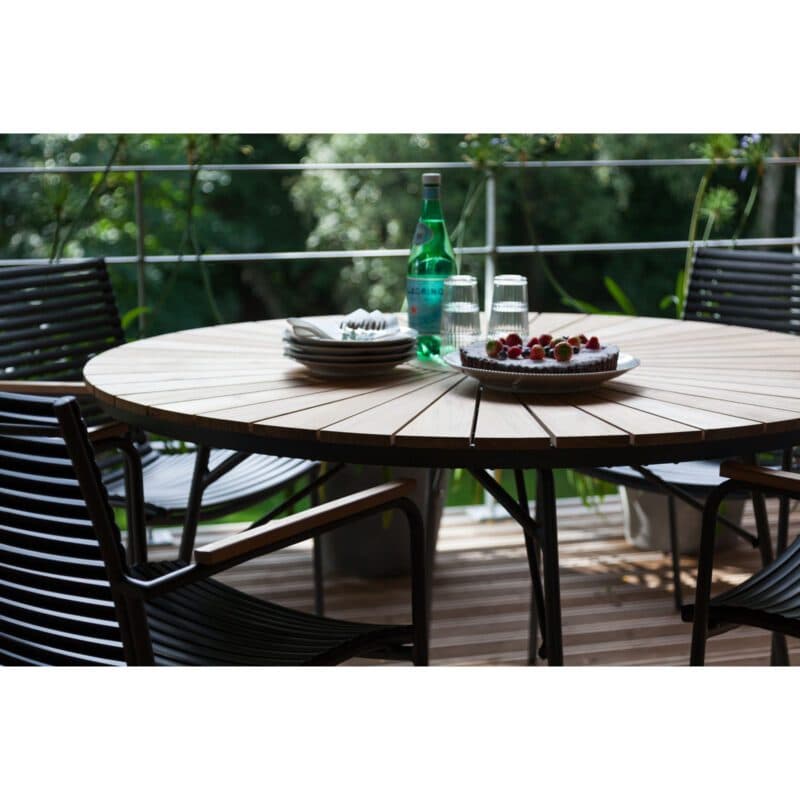 Cinas "Mood Classic" Gartenstuhl, Kunststoff-Lamellen schwarz und "Ellen" Gartentisch Ø 130 cm, Gestell Aluminium anthrazit, Teak