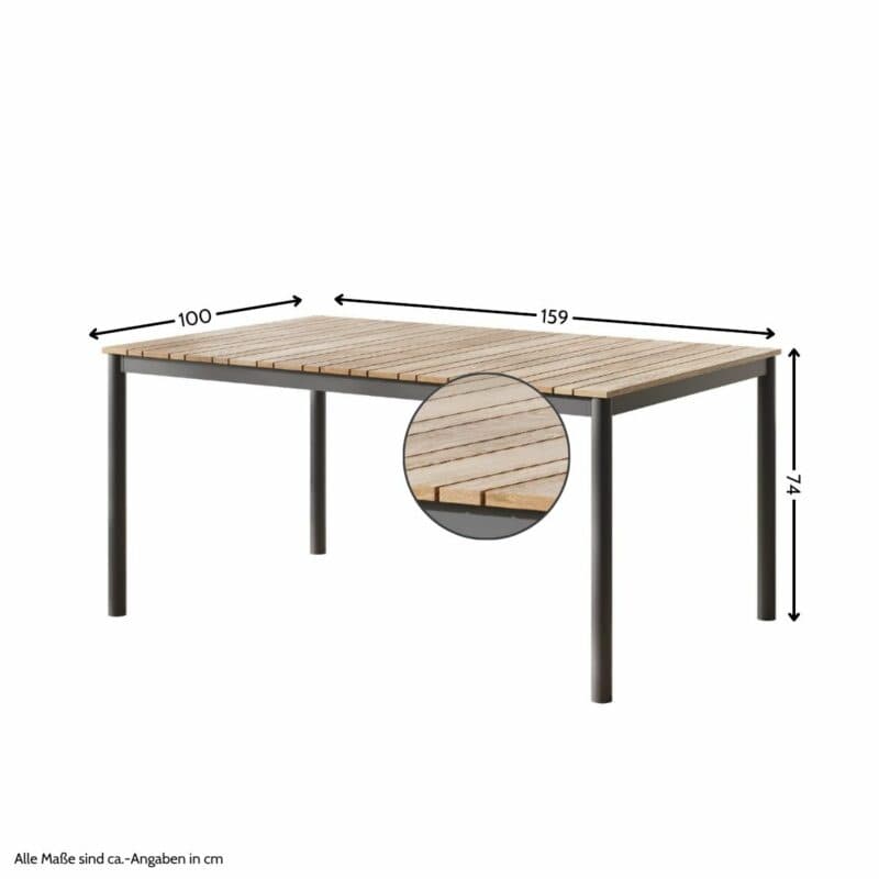 Cinas "Mood Classic Midway" Gartentisch 159x100 cm, Alumimium anthrazit, Tischplatte mit Teakplanken, Maßangaben