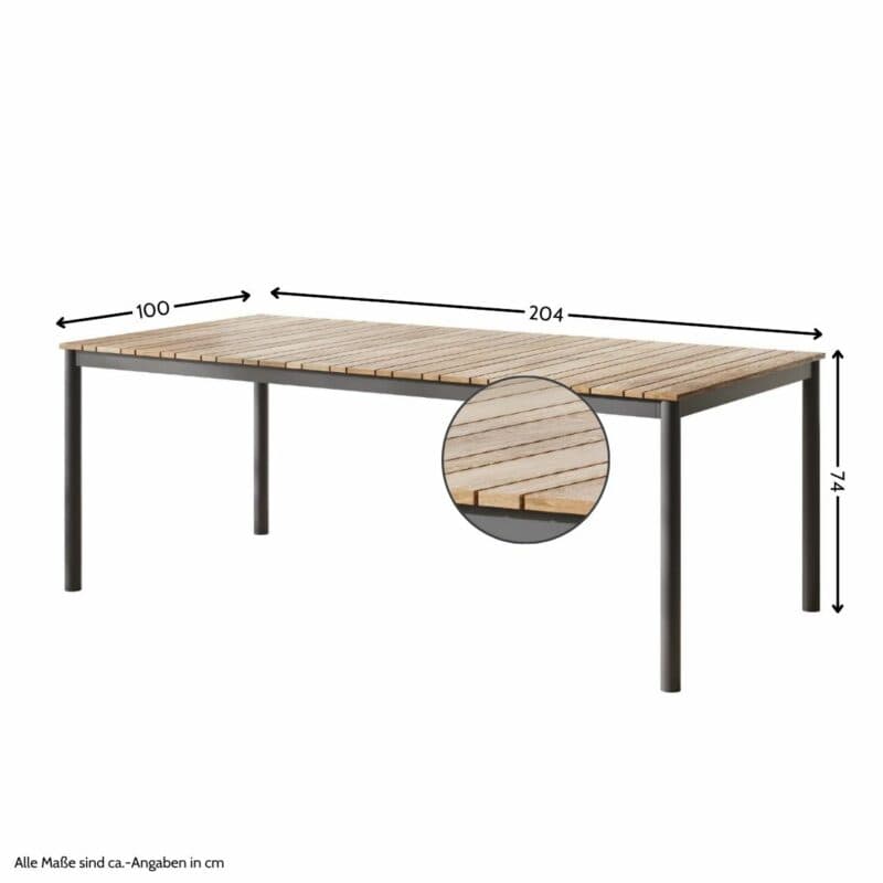 Cinas "Mood Classic Midway" Gartentisch 204x100 cm, Alumimium anthrazit, Tischplatte mit Teakplanken, Maßangaben