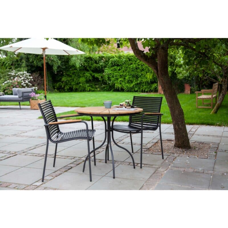 Cinas "Mood Classic" Gartenstuhl, Kunststoff-Lamellen schwarz und "Ellen" Gartentisch Ø 80 cm, Aluminium anthrazit, Teak