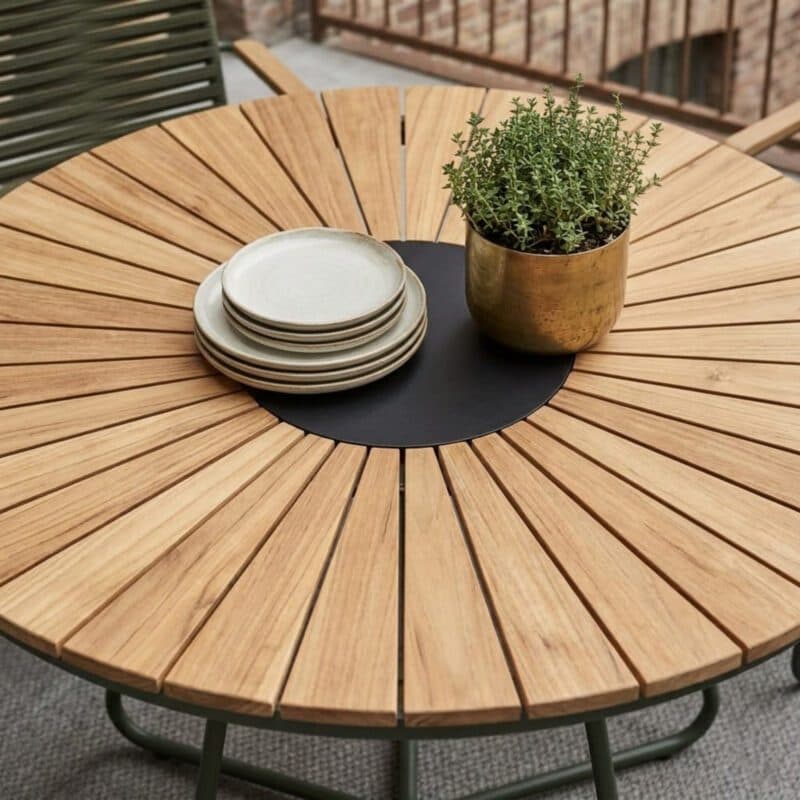 Liadomo "Atina" Set mit Stapelstuhl, Kufengestell Edelstahl dunkelgrün, Rope oliv und Gartentisch Ø 110 cm mit Teakplatte mit Keramik-Einlage