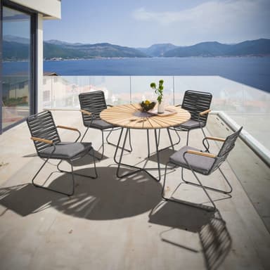 Liadomo "Atina" Set mit Stapelstuhl, Kufengestell Edelstahl anthrazit, Rope anthrazit und Gartentisch Ø 110 cm mit Teakplatte mit Keramik-Einlage