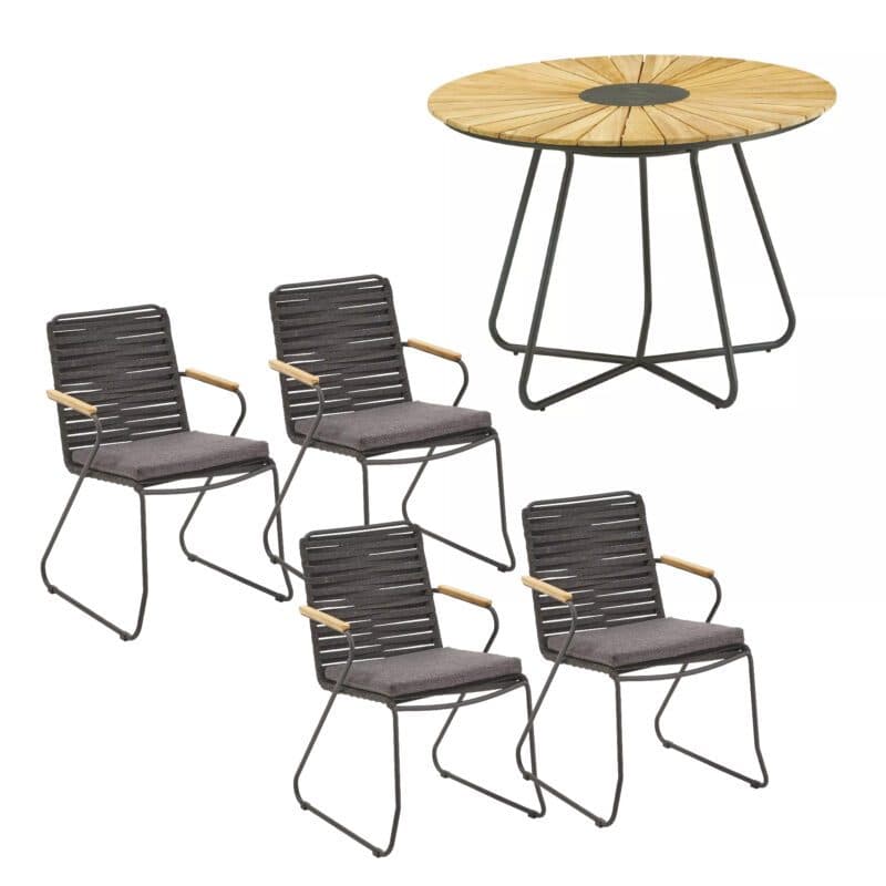 Liadomo "Atina" Set mit Stapelstuhl, Kufengestell Edelstahl anthrazit, Rope anthrazit und Gartentisch Ø 110 cm mit Teakplatte mit Keramik-Einlage