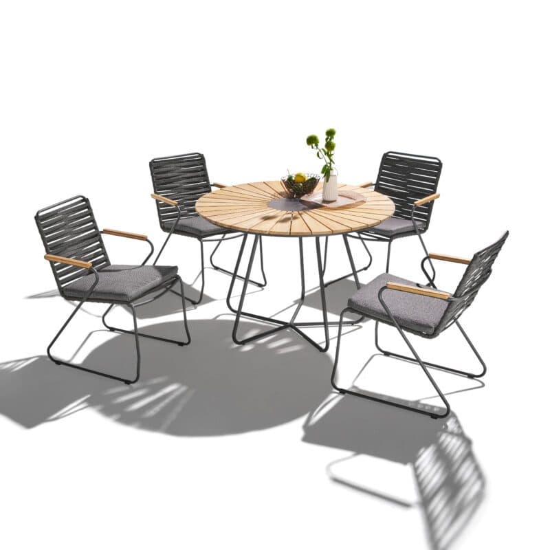 Liadomo "Atina" Set mit Stapelstuhl, Kufengestell Edelstahl anthrazit, Rope anthrazit und Gartentisch Ø 110 cm mit Teakplatte mit Keramik-Einlage