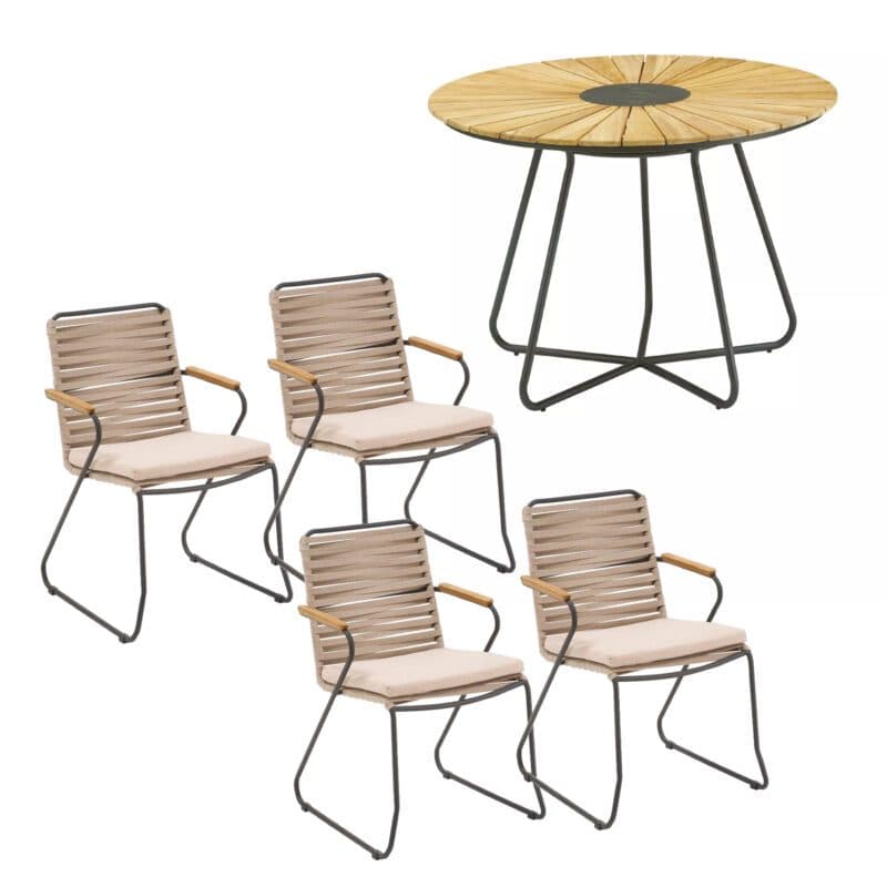 Liadomo "Atina" Set mit Stapelstuhl, Kufengestell Edelstahl anthrazit, Rope beige und Gartentisch Ø 110 cm mit Teakplatte mit Keramik-Einlage