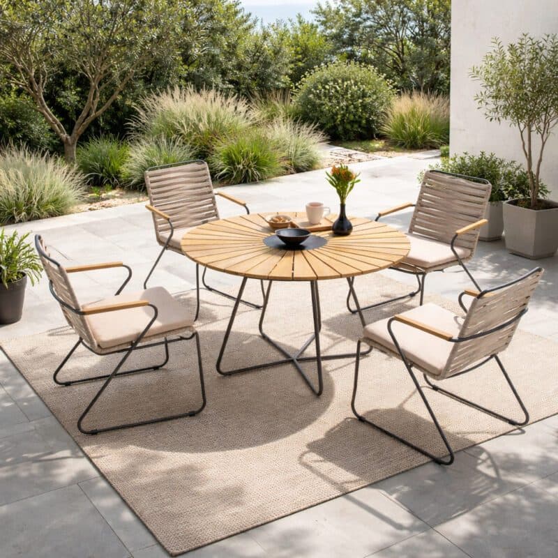 Liadomo "Atina" Set mit Stapelstuhl, Kufengestell Edelstahl anthrazit, Rope beige und Gartentisch Ø 110 cm mit Teakplatte mit Keramik-Einlage (Bild KI-generiert)