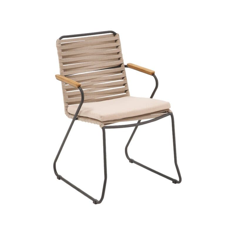 Liadomo "Atina" Stapelstuhl mit Kufen, Edelstahl anthrazit, Rope beige, Teak-Armlehnen, Sitzkissen beige