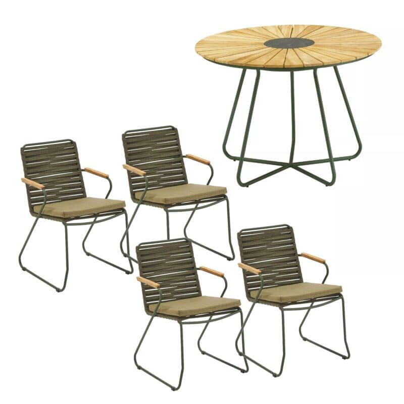 Liadomo "Atina" Set mit Stapelstuhl, Kufengestell Edelstahl dunkelgrün, Rope oliv und Gartentisch Ø 110 cm mit Teakplatte mit Keramik-Einlage