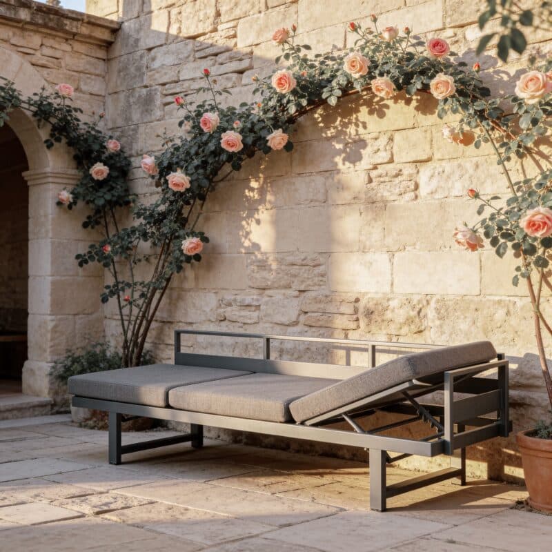 Liadomo "Callipo" Multifunkionsliege 216x60x35 cm, Alu anthrazit, Bezug Olefin grau, eine Seitenlehne (Bild KI generiert)