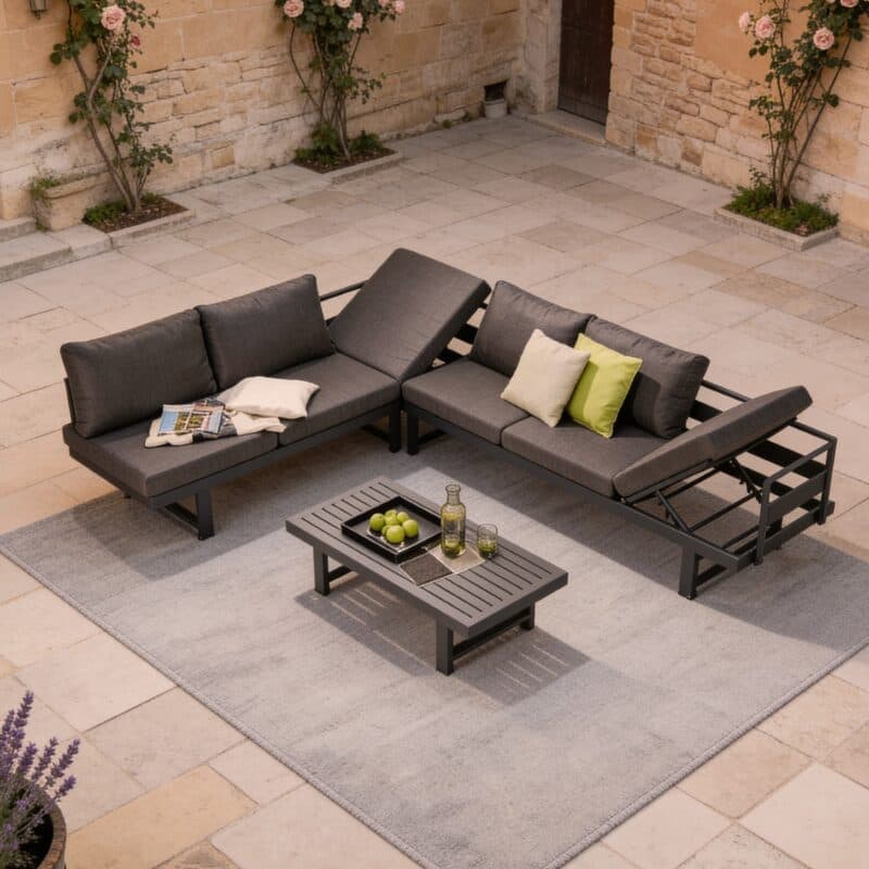 Liadomo "Callipo" Loungeset 3-teilig, Alu anthrazit, Kissen Olefin grau (Bild KI generiert)