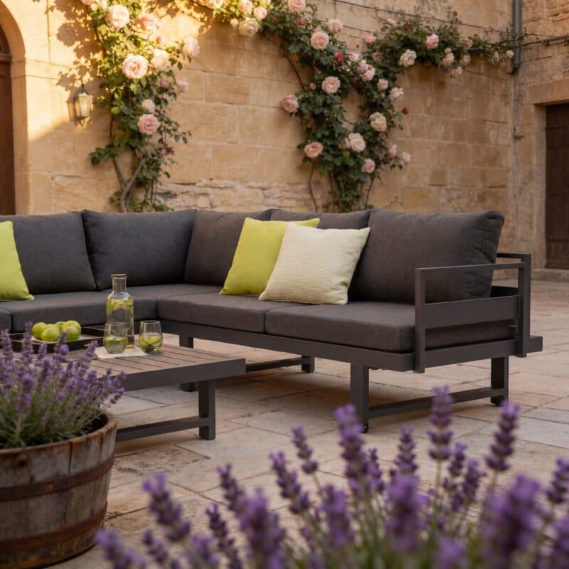 Liadomo "Callipo" Loungeset 3-teilig, Alu anthrazit, Kissen Olefin grau (Bild KI generiert)