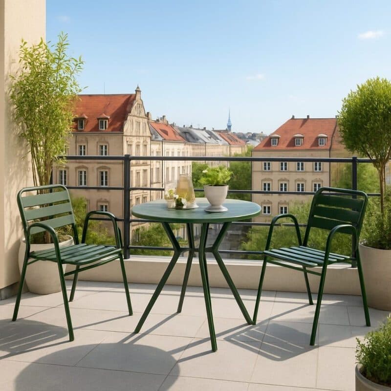 Liadomo "Lesina" Bistro-Set 3-teilig mit Stapelstuhl und Bistrotisch, Aluminium dunkelgrün (Bild KI-generiert)