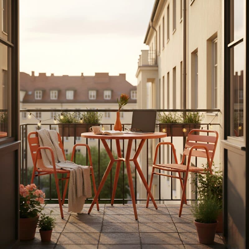 Liadomo "Lesina" Bistro-Set 3-teilig mit Stapelstuhl und Bistrotisch, Aluminium orange (Bild KI-generiert)