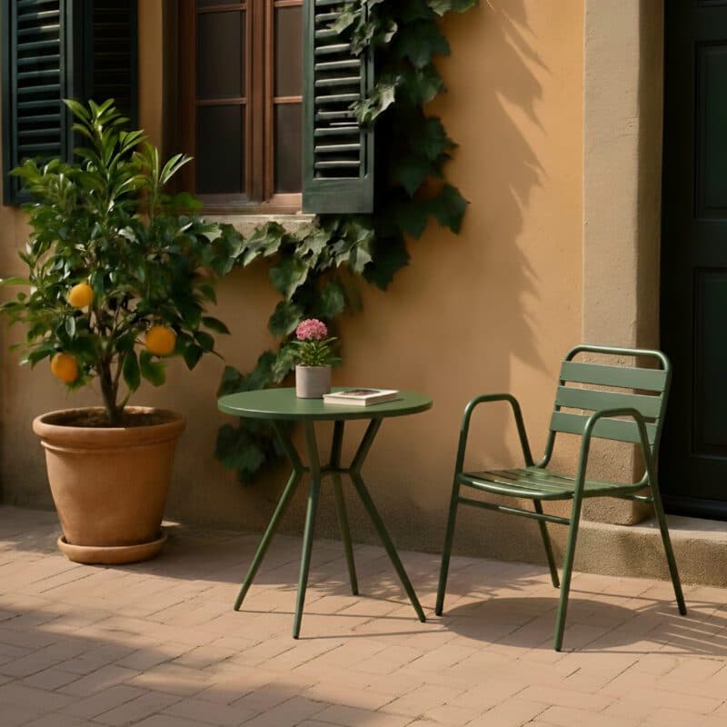 Liadomo "Lesina" Stapelstuhl und Bistrotisch, Aluminium dunkelgrün (Bild KI-generiert)