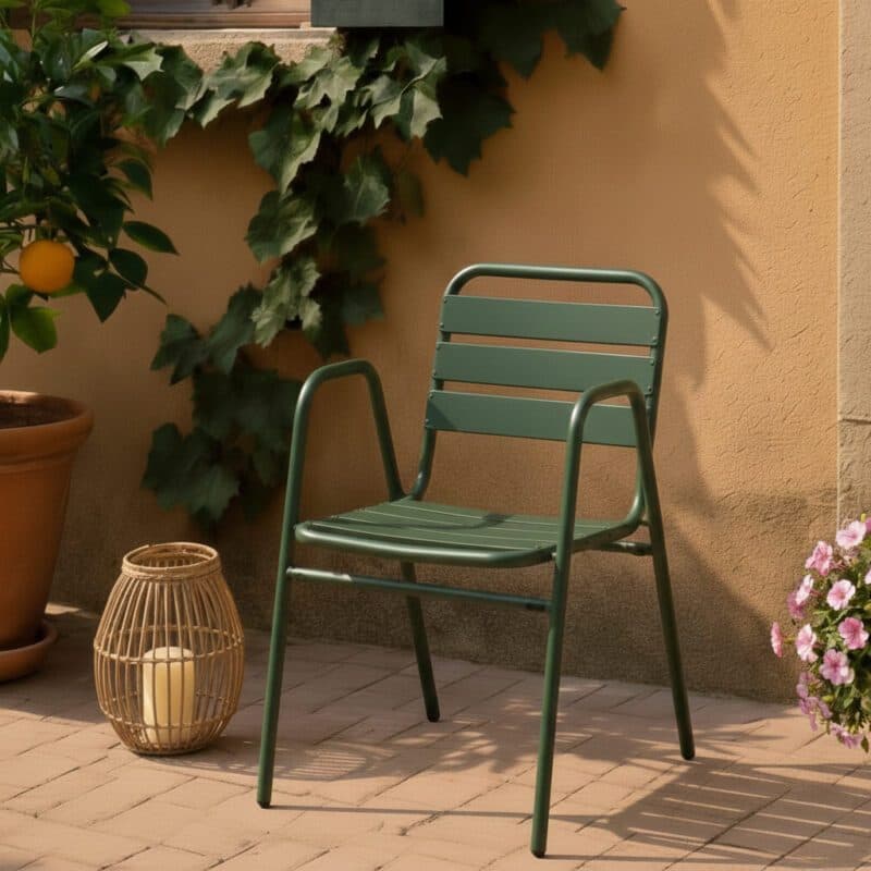 Liadomo "Lesina" Stapelstuhl, Aluminium dunkelgrün (Bild KI-generiert)