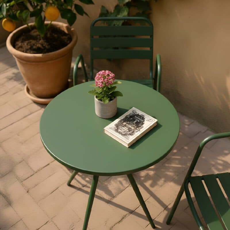 Liadomo "Lesina" Stapelstuhl und Bistrotisch, Aluminium dunkelgrün (Bild KI-generiert)