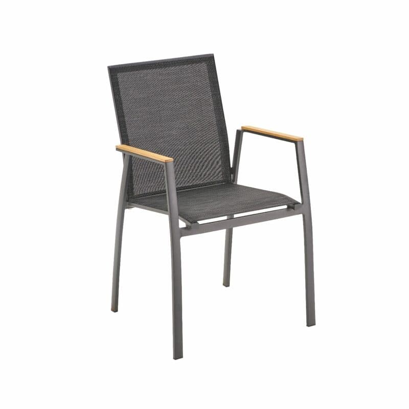 Liadomo "Pellaro" Stapelstuhl, Alu anthrazit, Textilgewebe anthrazit, Armlehnen Teak