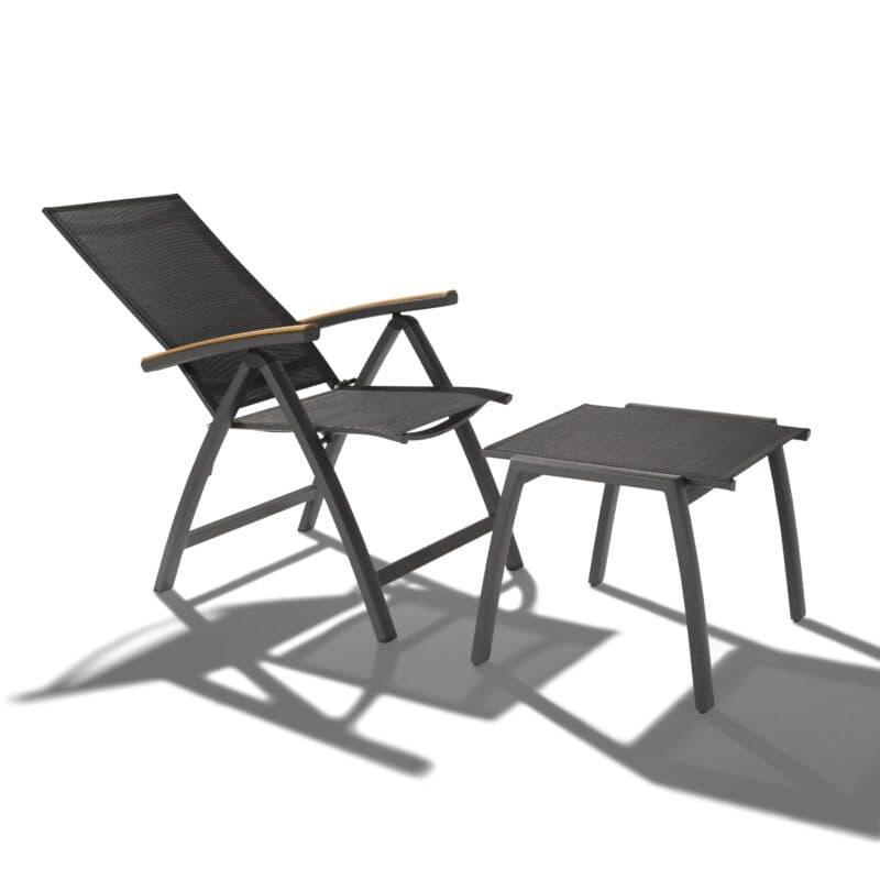 Liadomo "Ricadi" Klappsessel mit Hocker, Alu anthrazit, Textilgewebe anthrazit, Armlehnen Teak