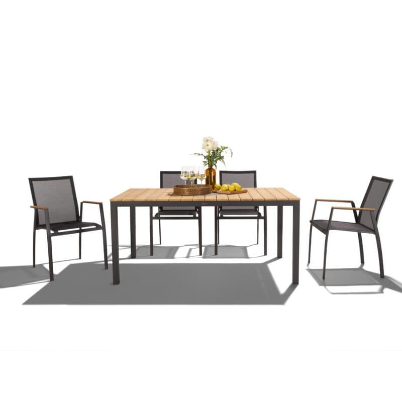 Liadomo Set mit "Scalea" Tisch 160x90 cm, Alu anthrazit, Tischplatte Teak und "Pellaro" Stapelstuhl, Alu anthrazit, Textilgewebe anthrazit, Armlehnen Teak