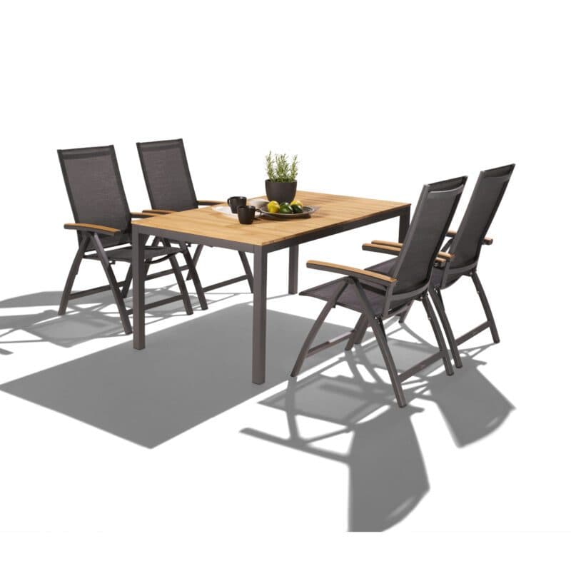 Liadomo Set mit "Scalea" Tisch 160x90 cm, Alu anthrazit, Tischplatte Teak und "Ricadi" Klappsessel, Alu anthrazit, Textilgewebe anthrazit, Armlehnen Teak