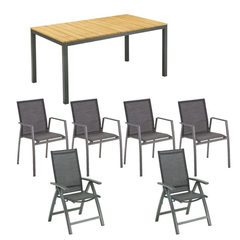 Liadomo Set mit "Scalea" Tisch 160x90 cm, Alu anthrazit, Tischplatte Teak und "Ricadi" Klappsessel, Alu anthrazit, Textilgewebe anthrazit, Armlehnen Alu