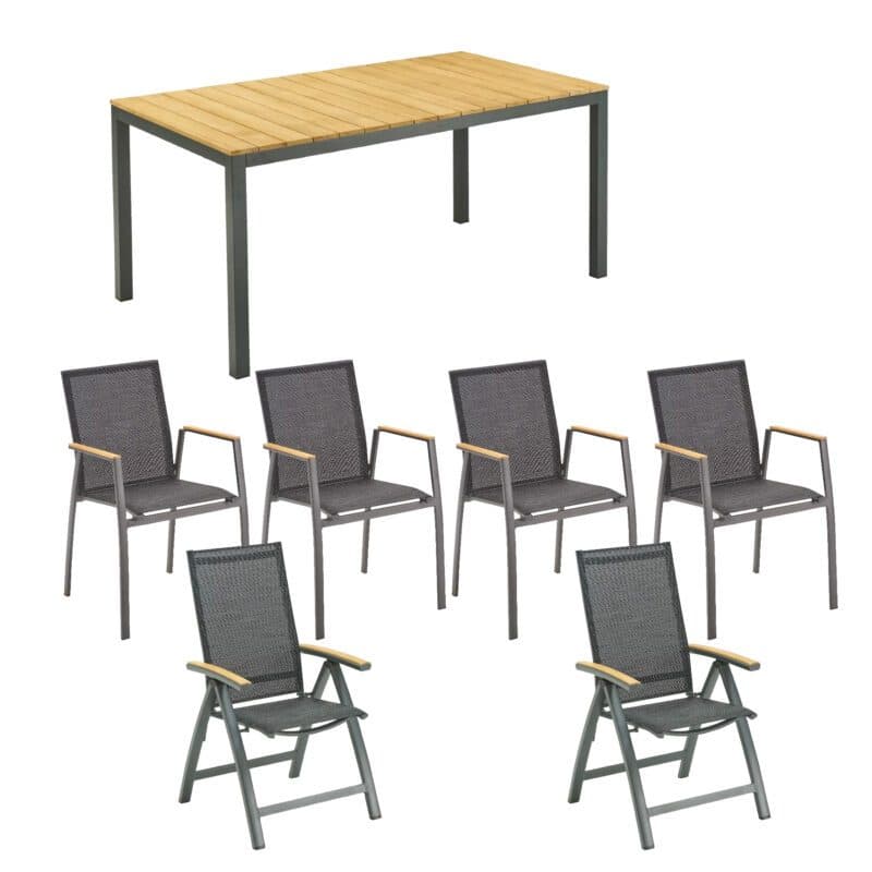 Liadomo Set mit "Scalea" Tisch 160x90 cm, Alu anthrazit, Tischplatte Teak und "Ricadi" Klappsessel, Alu anthrazit, Textilgewebe anthrazit, Armlehnen Teak