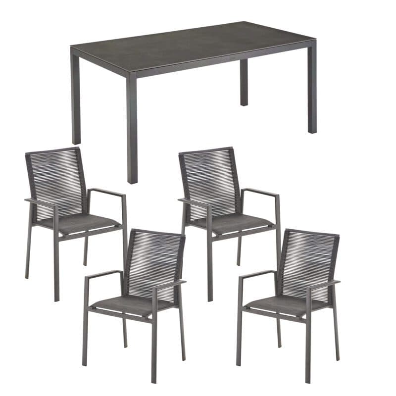 Liadomo Set mit "Scalea" Tisch 160x90 cm, Alu anthrazit, Tischplatte Keramik Granitoptik und "Limbadi" Stapelstuhl, Alu anthrazit, Textilgewebe anthrazit, Rope anthrazit