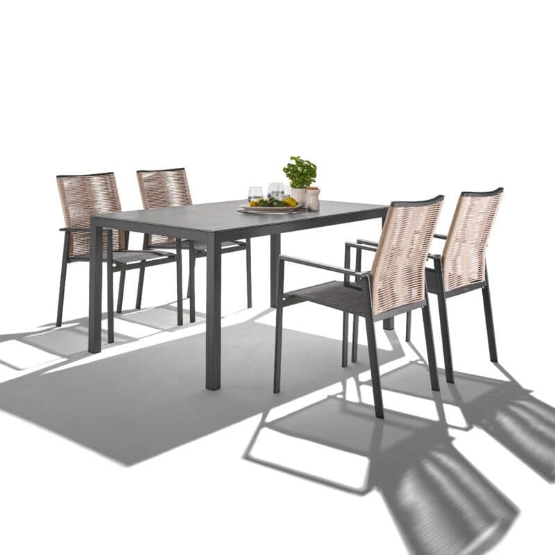 Liadomo Set mit "Scalea" Tisch 160x90 cm, Alu anthrazit, Tischplatte Keramik Granitoptik und "Limbadi" Stapelstuhl, Alu anthrazit, Textilgewebe anthrazit, Rope beige