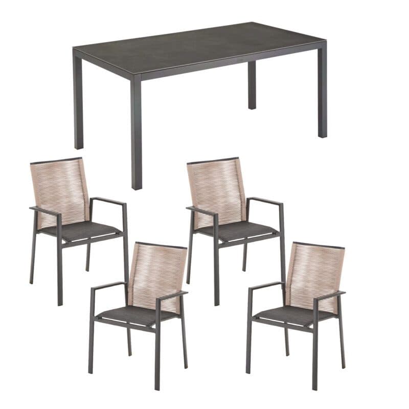 Liadomo Set mit "Scalea" Tisch 160x90 cm, Alu anthrazit, Tischplatte Keramik Granitoptik und "Limbadi" Stapelstuhl, Alu anthrazit, Textilgewebe anthrazit, Rope beige