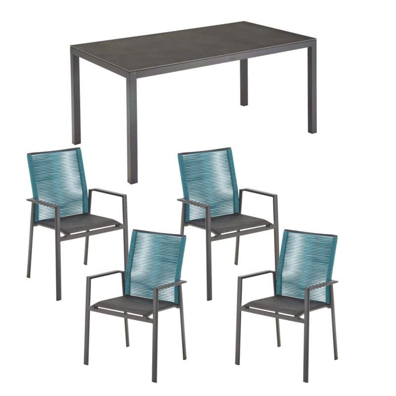 Liadomo Set mit "Scalea" Tisch 160x90 cm, Alu anthrazit, Tischplatte Keramik Granitoptik und "Limbadi" Stapelstuhl, Alu anthrazit, Textilgewebe anthrazit, Rope blau