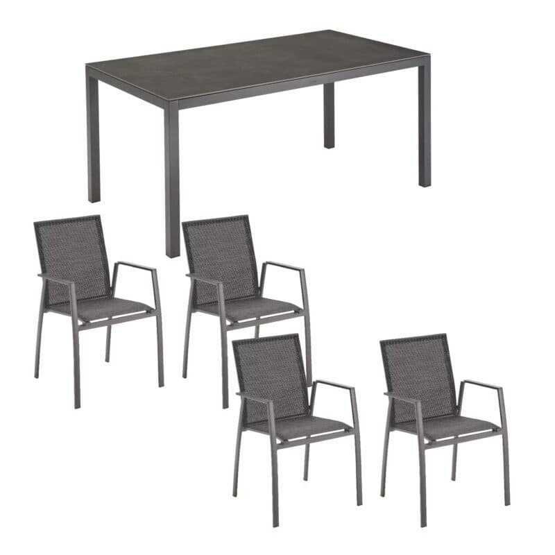 Liadomo Set mit "Scalea" Tisch 160x90 cm, Alu anthrazit, Tischplatte Keramik und "Pellaro" Stapelstuhl, Alu anthrazit, Textilgewebe anthrazit