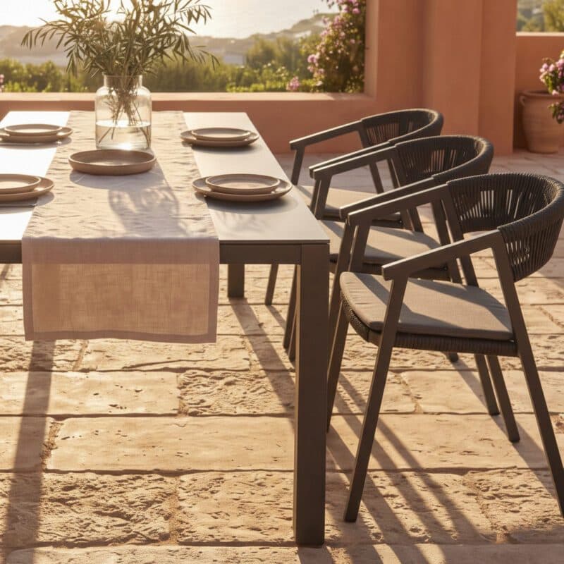 Liadomo Set mit "Lenzi" Stapelstuhl, Aluminium anthrazit, Rope anthrazit, Sitzkissen hellgrau und "Scalea" Tisch, Aluminium anthrazit, Keramikplatte in Granitoptik, 210×100 cm (Bild KI-generiert)