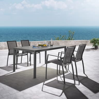 Liadomo Set mit "Scalea" Tisch 160x90 cm, Alu anthrazit, Tischplatte Keramik und "Pellaro" Stapelstuhl, Alu anthrazit, Textilgewebe anthrazit