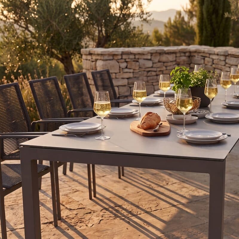 CASA DOMA "Amato" Ausziehtisch 210/270/330x100 cm, Edelstahl anthrazit/HPL, mit Liadomo "Limbadi" Stapelstuhl, Alu & Rope anthrazit (Bild KI-generiert)