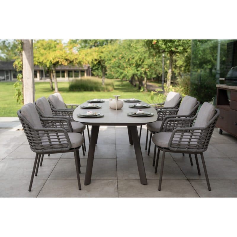 4Seasons Outdoor "Puglia" Diningsessel, Aluminium terre, Rope grau, Bezug hellgrau mit Tisch "Manolo", Aluminium terre